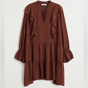 Mango ruffle dress, loose fit, brown, long sleeve bohemian style.